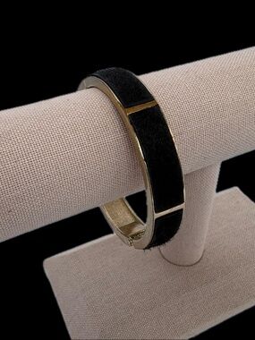 Black Calf Hair Gold Tone Rounded Hinged Bangle Bracelet Cuff